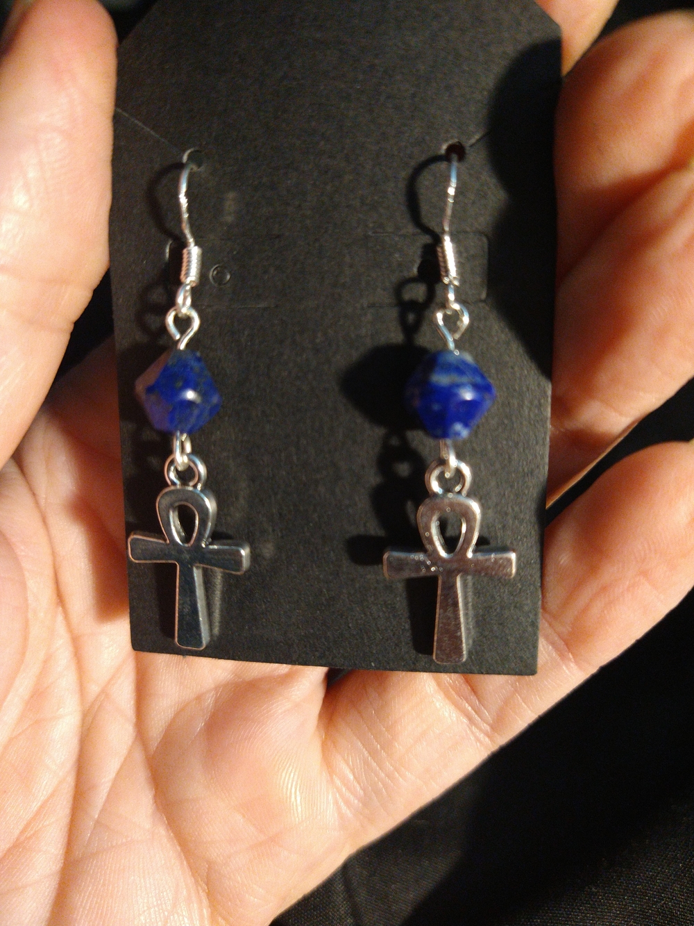 Silver Ankh Drop Earrings with Lapis Bead